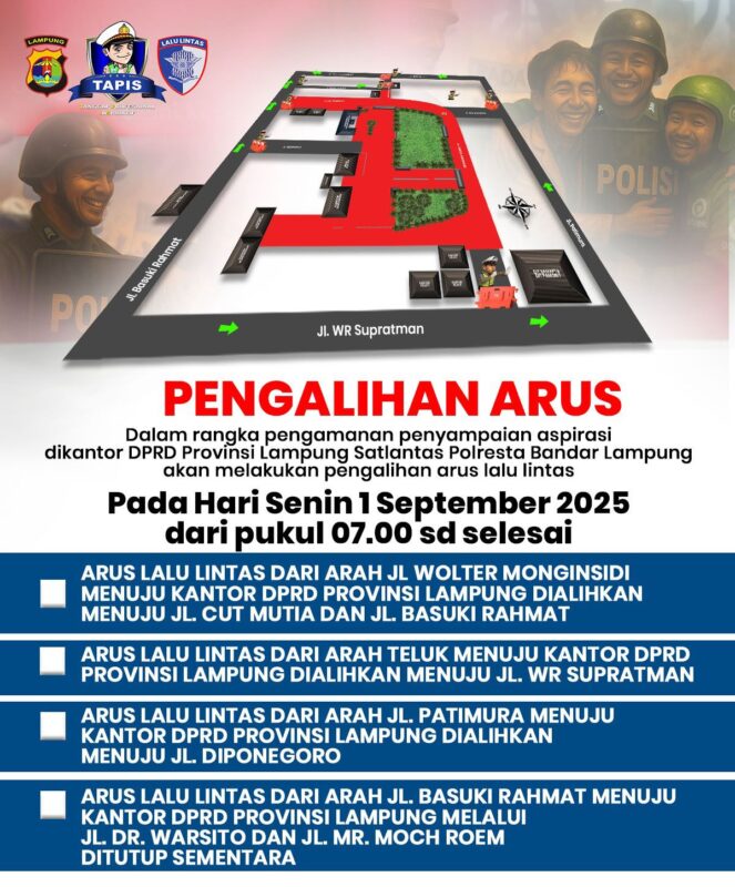 Aksi di DPRD Lampung, Satlantas Alihkan Arus Lalu Lintas dan Imbau Warga Tunda Perjalanan